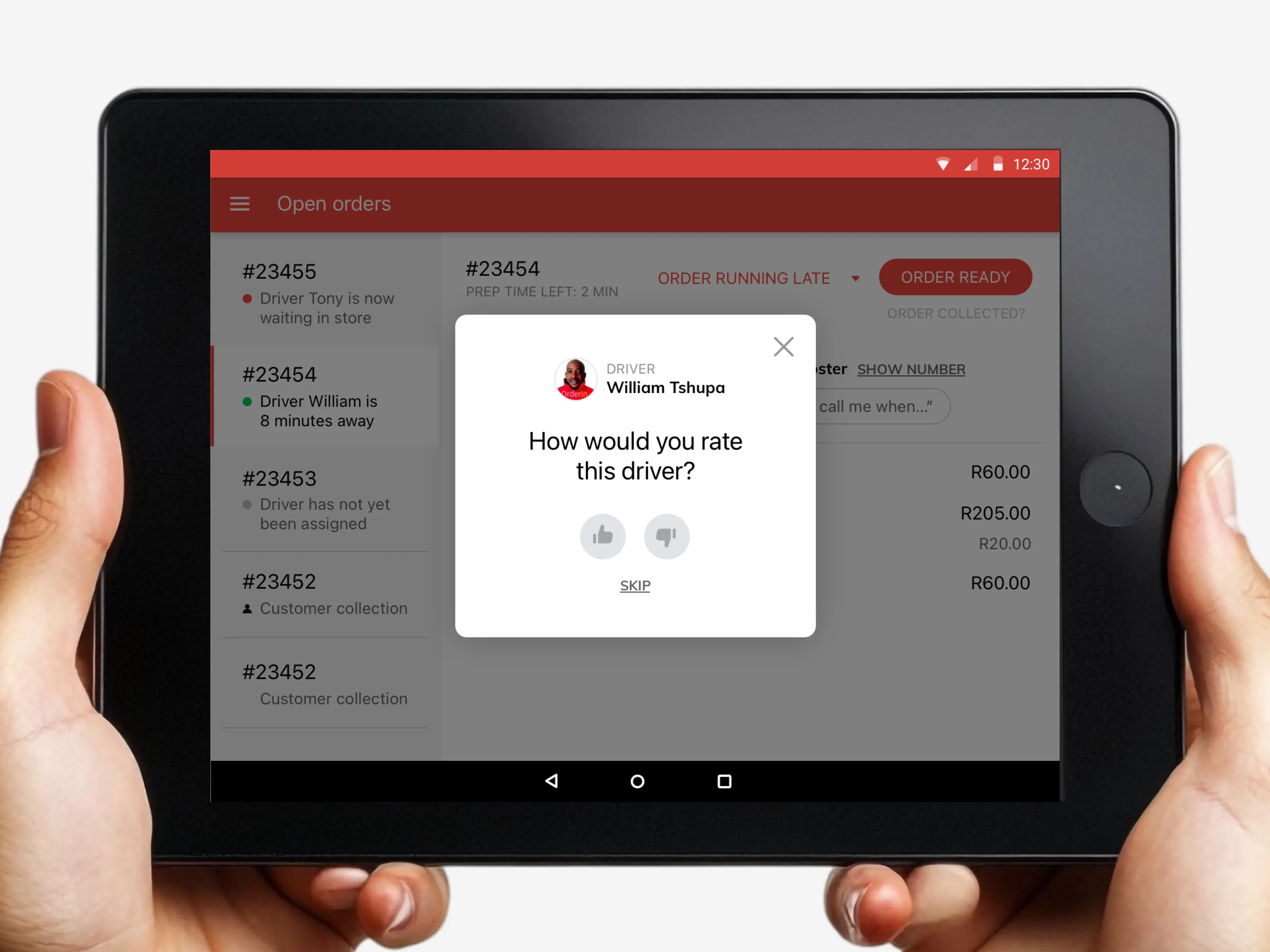 Example of a "rating modal" screen for the tablet design that uses the design system