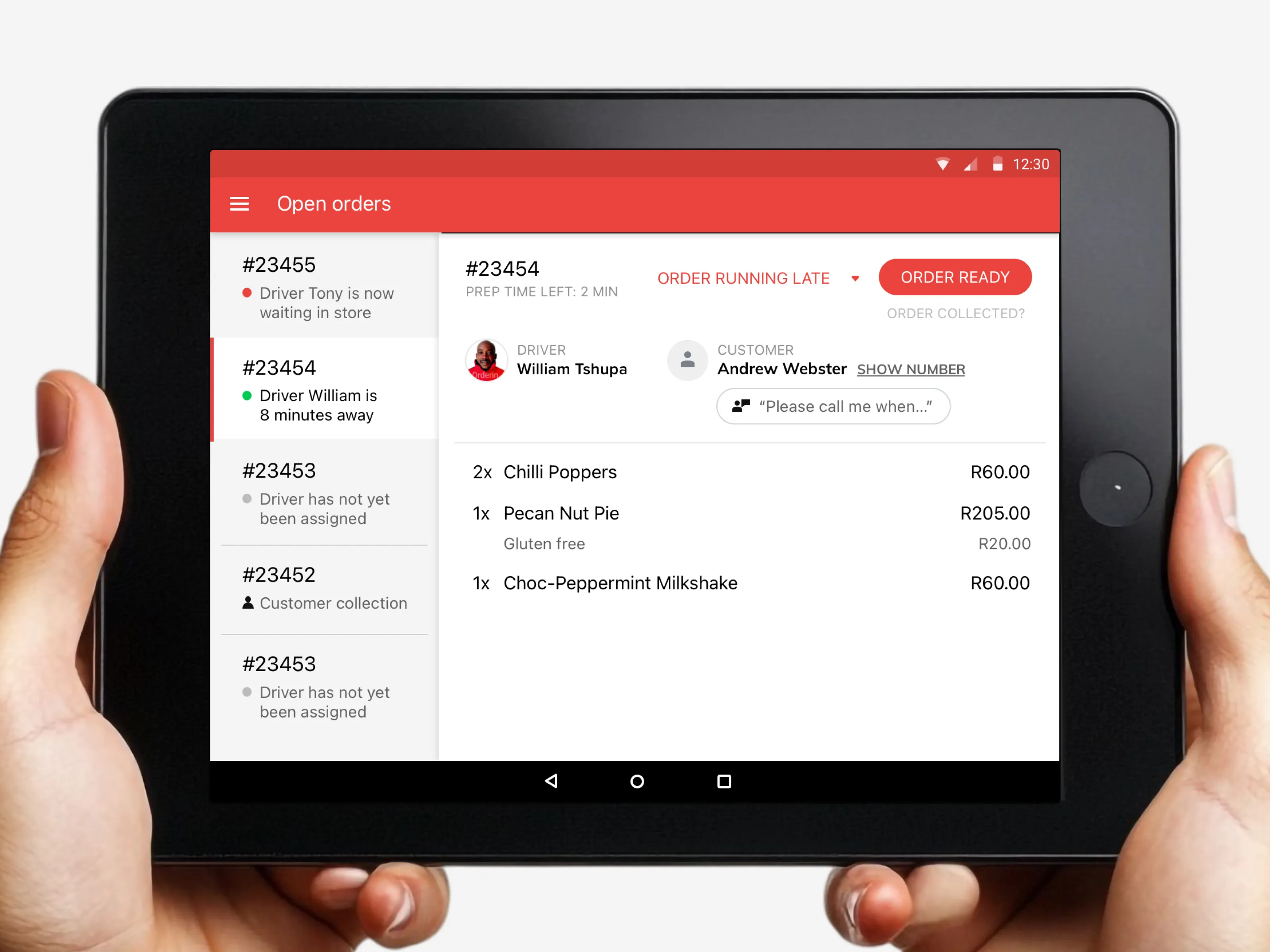 Example of an "order details" screen for the tablet design that uses the design system