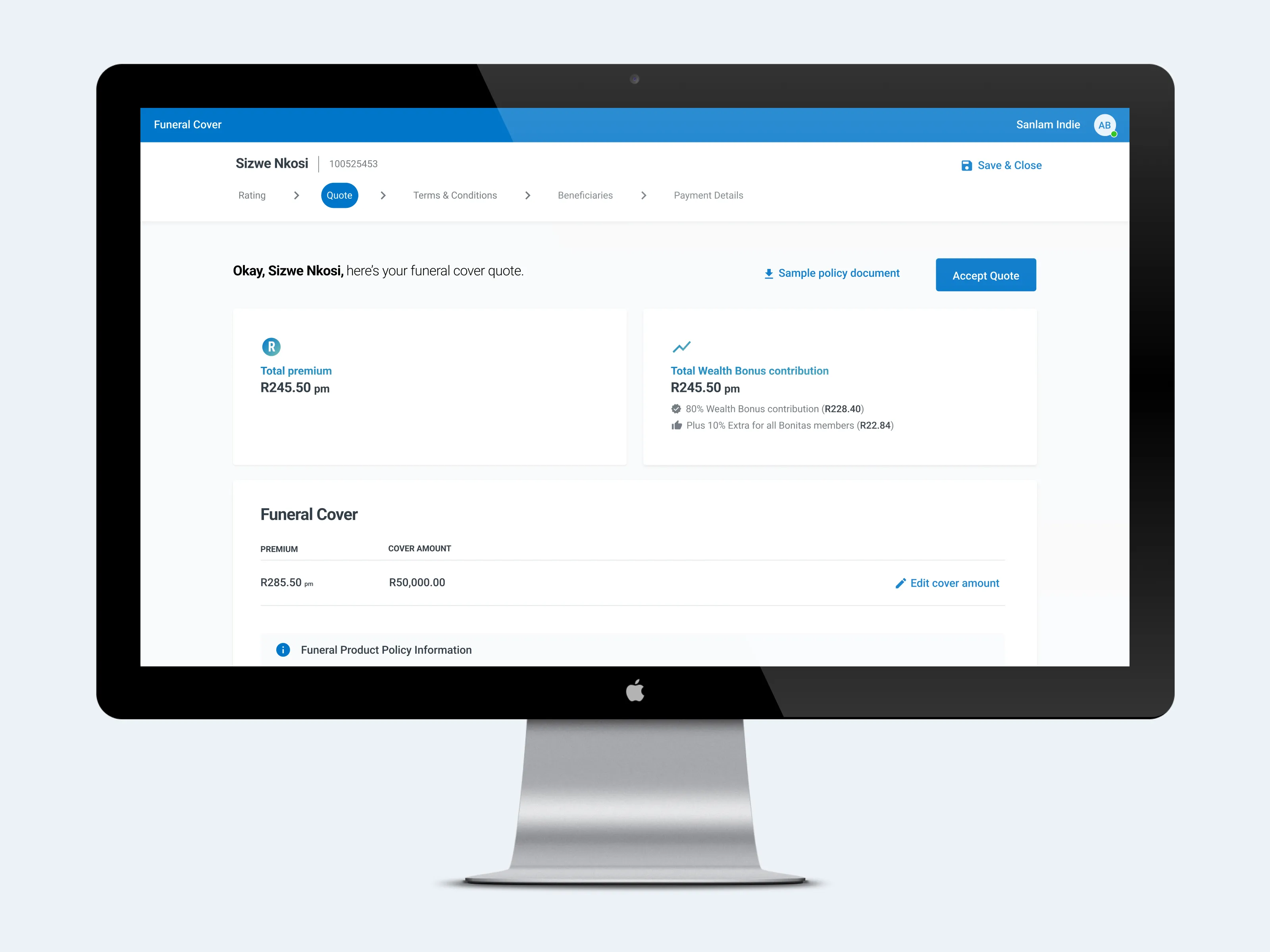 Example of UI screen created for the Sales Agent User Journey