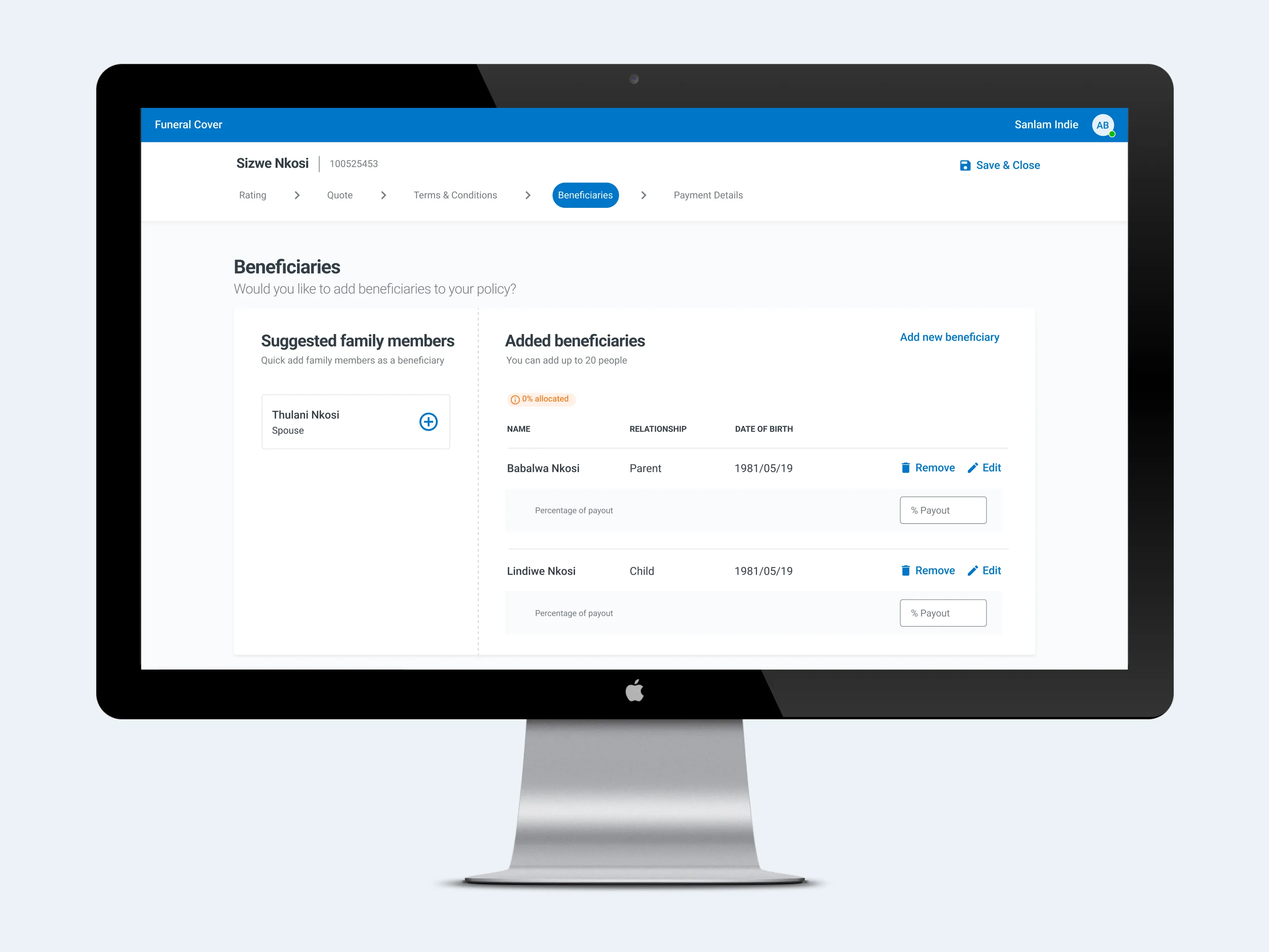 Example of UI screen created for the Sales Agent User Journey
