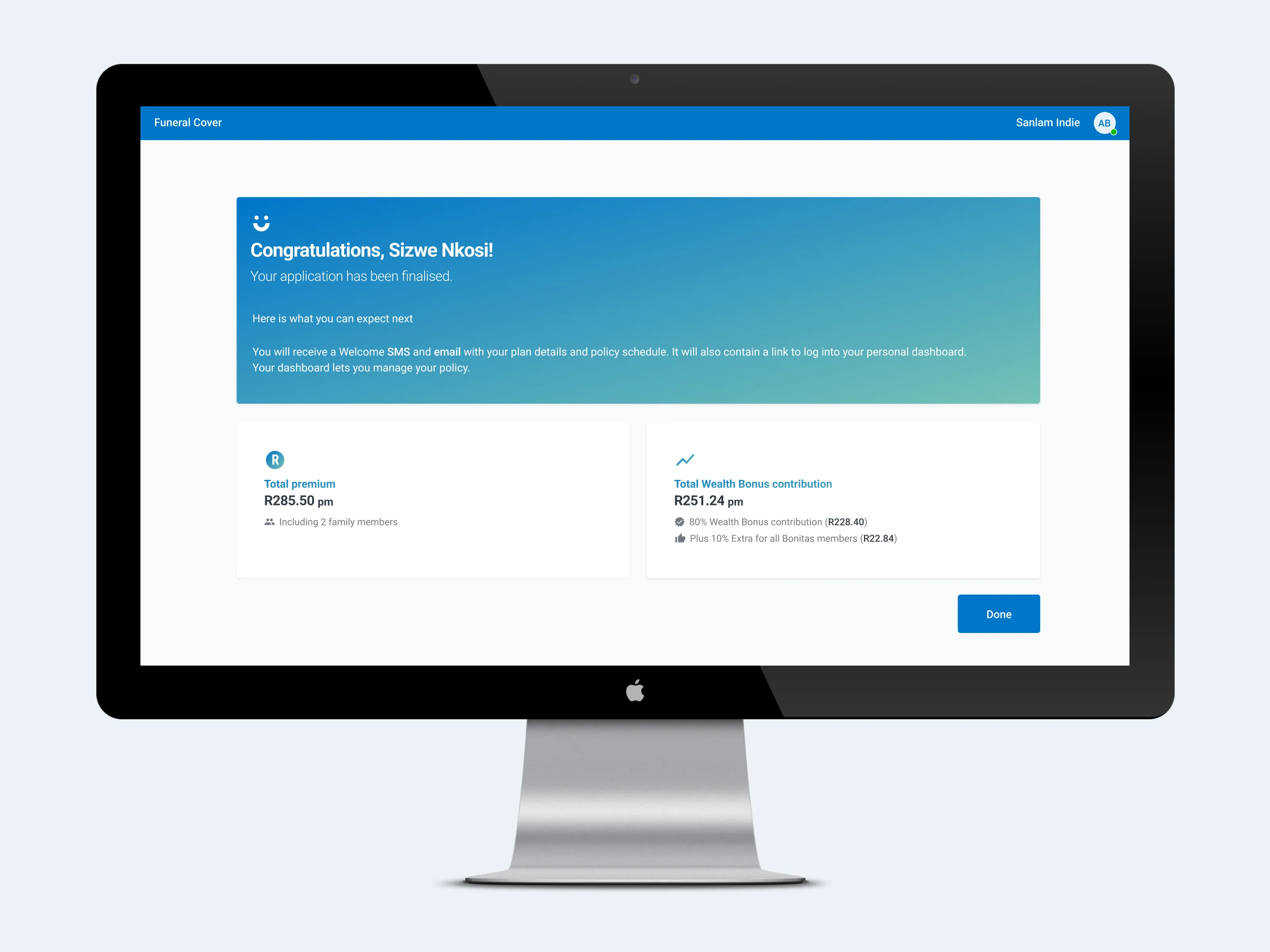Example of UI screen created for the Sales Agent User Journey