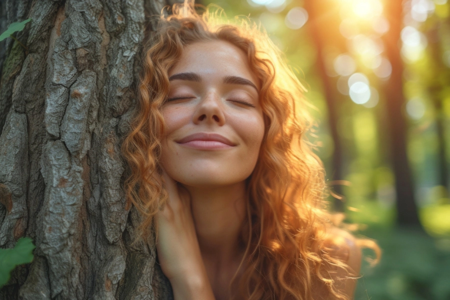 a woman with red hair leaning against a tree