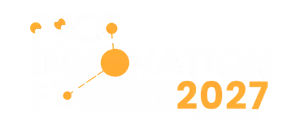 Logo with text PSCC Innovation Forum 2027 with orange dots inside letters and numbers.