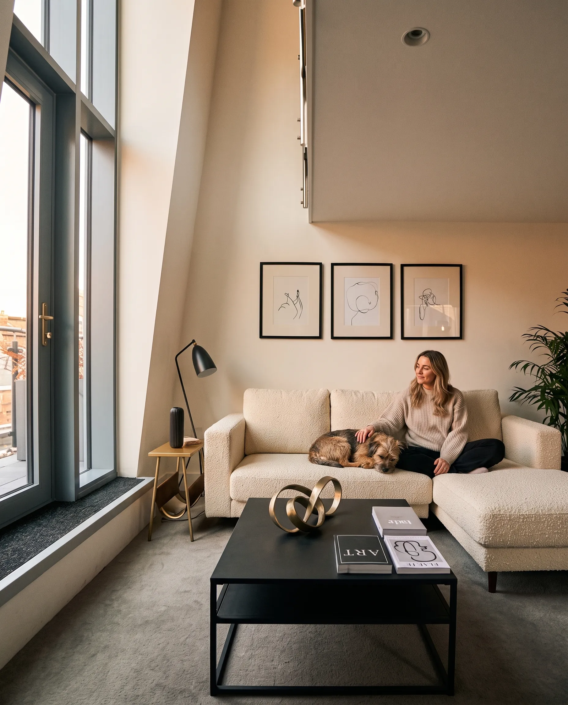 Guest relaxing on the sofa with her dog in a LEVEN loft apartment