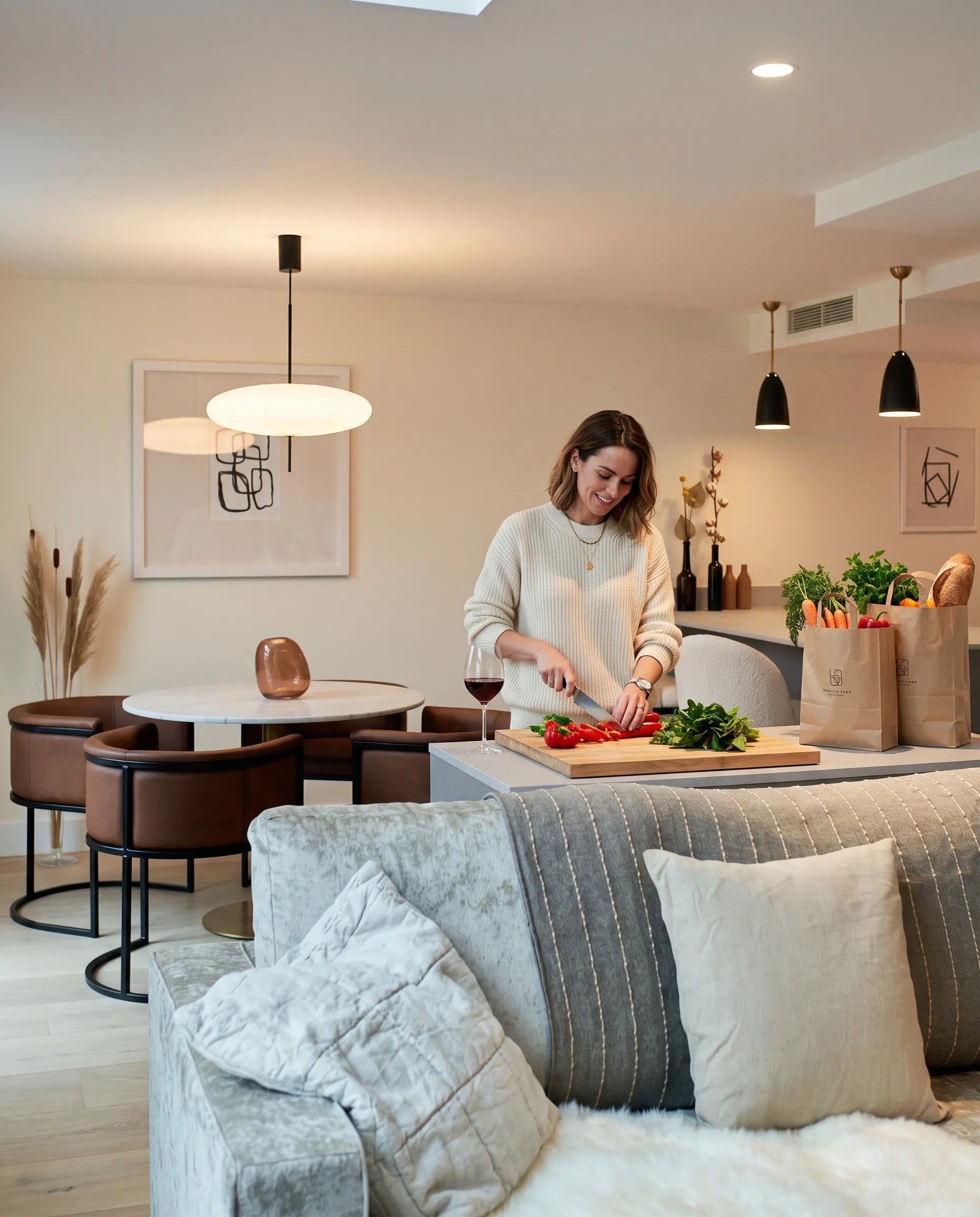 Guest preparing food at the kitchen bar in a LEVEN apartment