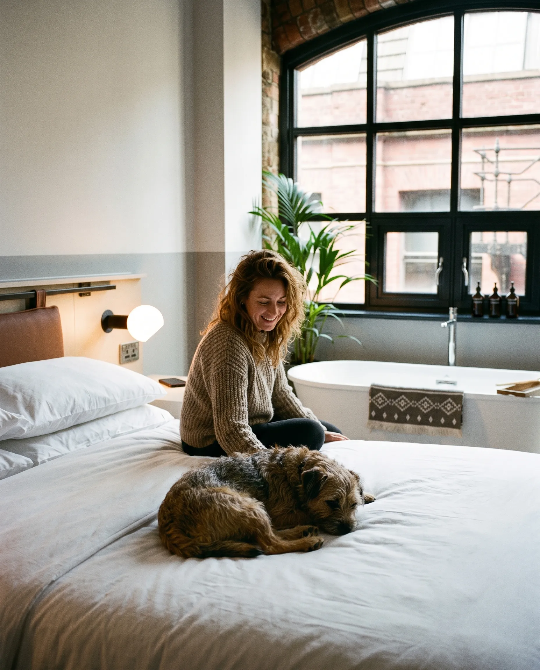 Guest and dog relaxing together on the bed in a LEVEN apartment