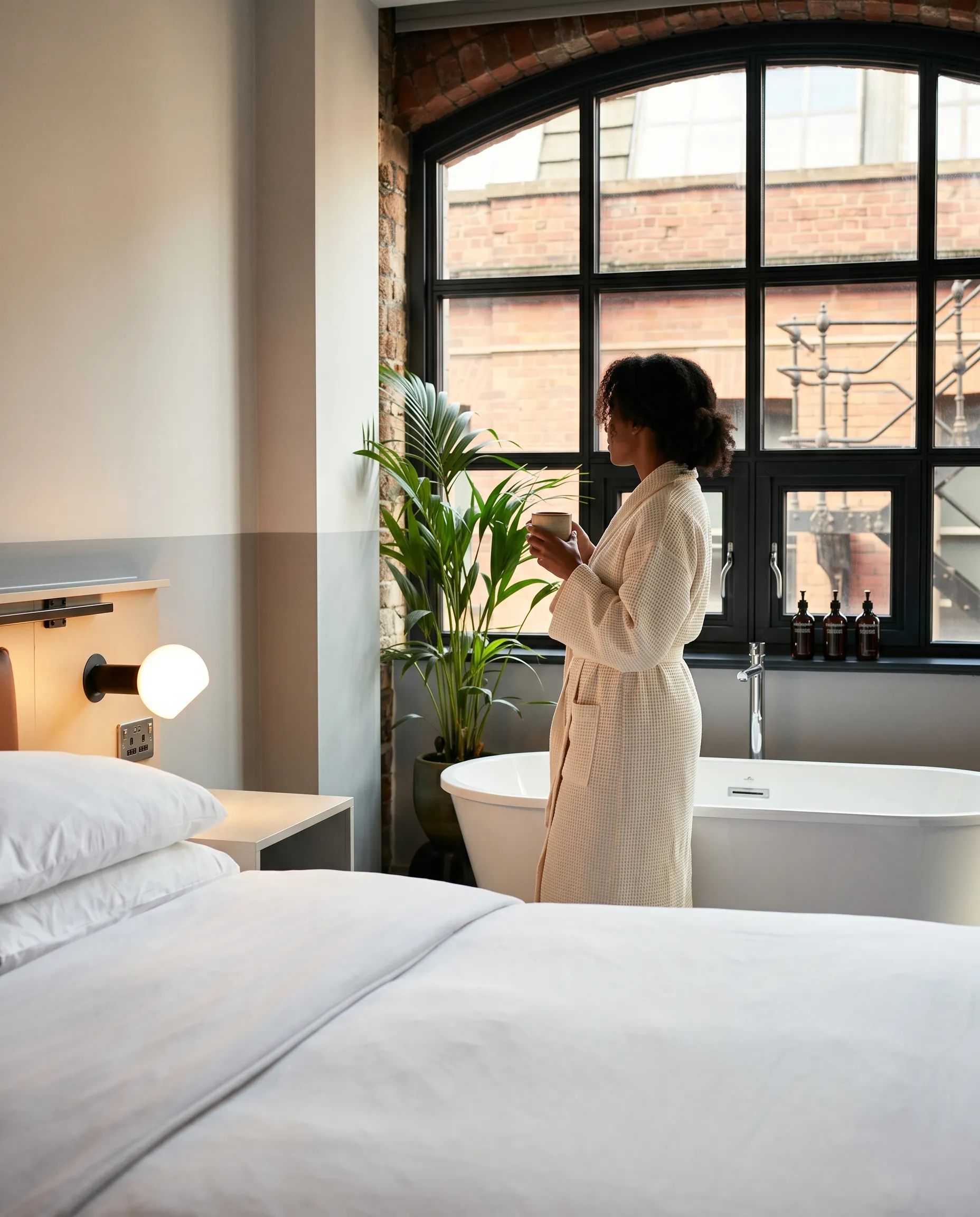 Guest in a robe enjoying tea by the window in a LEVEN serviced apartment bedroom