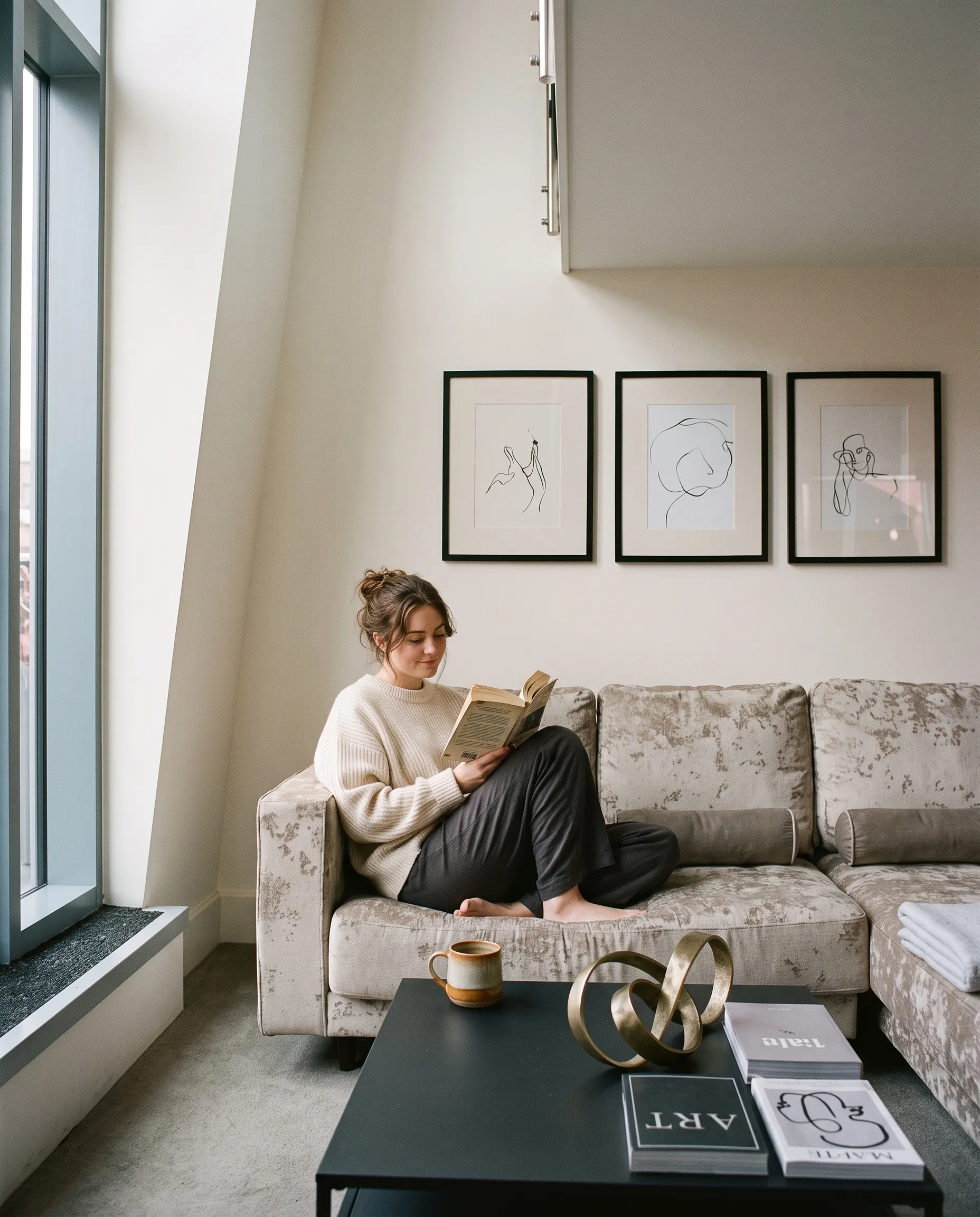 Guest reading with coffee on the sofa in a LEVEN loft living room