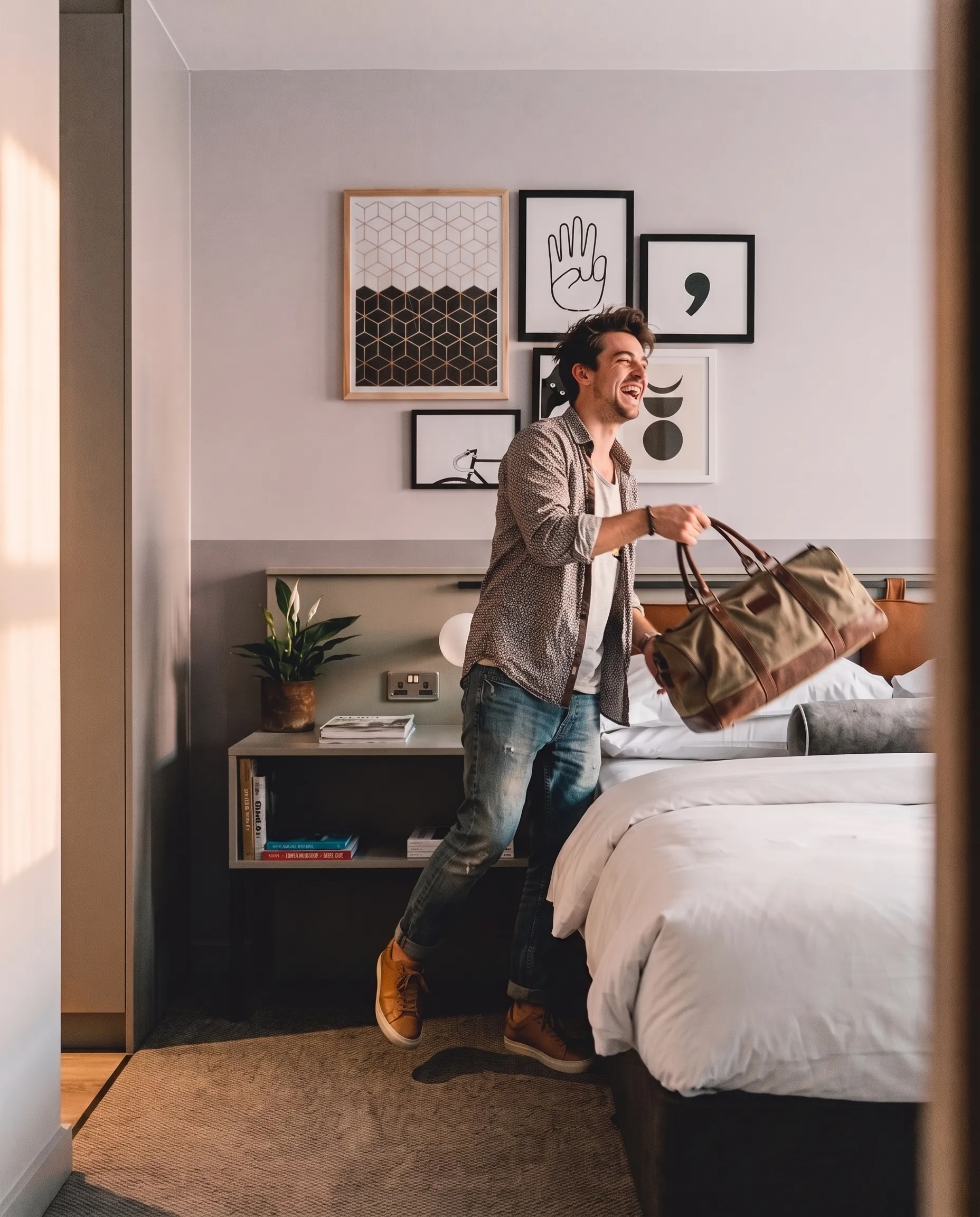 Guest arriving and laughing while tossing his bag on the bed in a LEVEN apartment