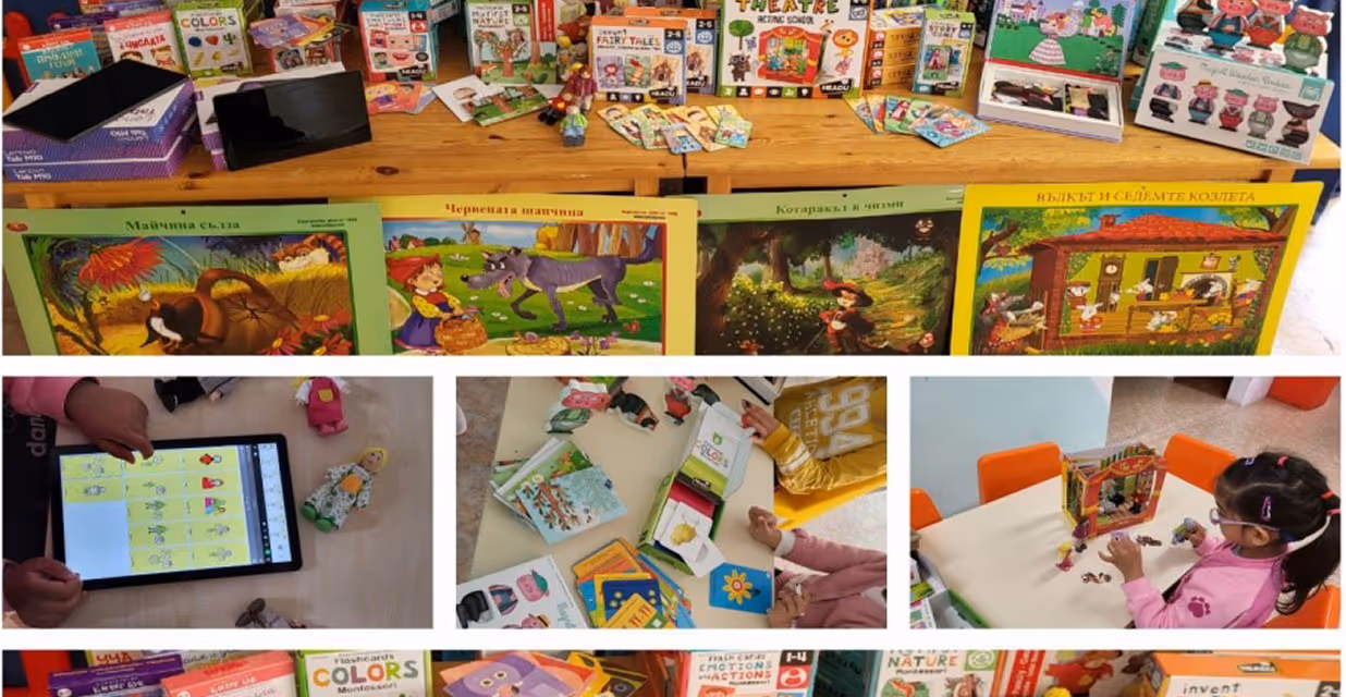 A collage showing a table filled with educational toys, flashcards, books, and storytelling kits