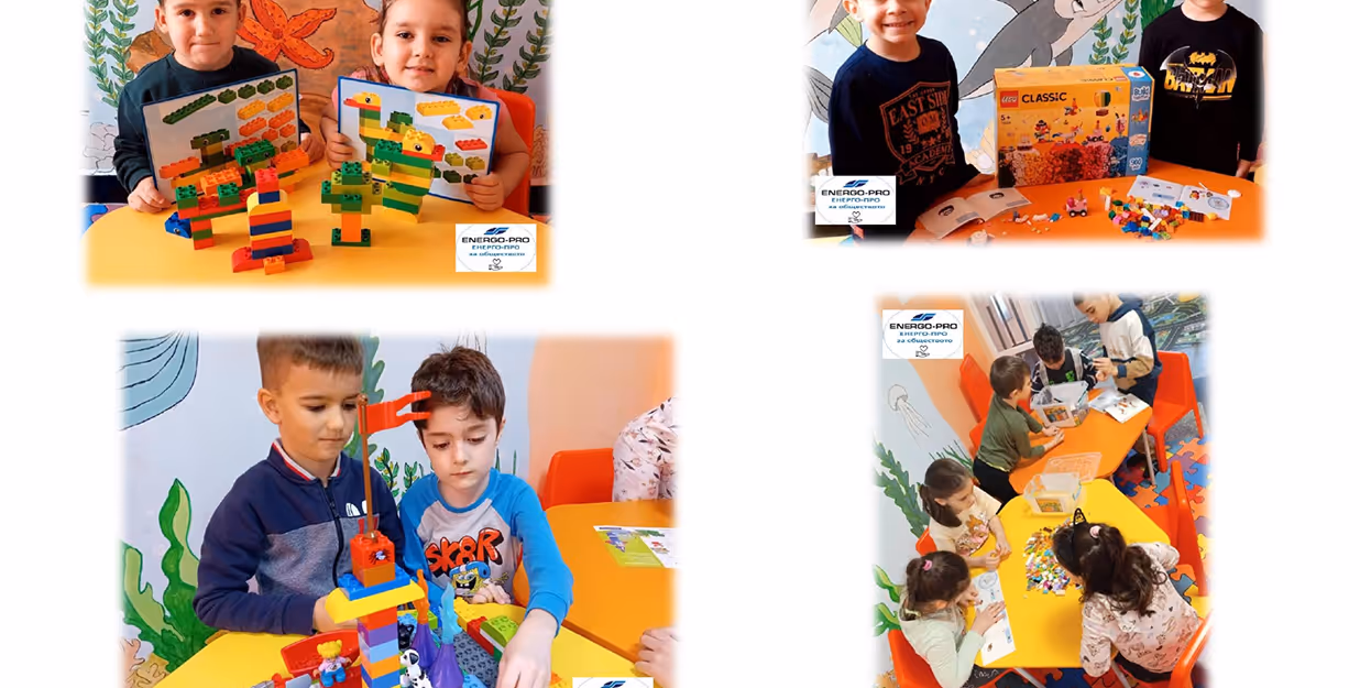 Children building LEGO creations in early STEM education setting – Collage of preschoolers assembling colorful LEGO models at orange tables, guided by instruction cards and supervised learning, under the “ENERGO-PRO” sponsorship, fostering creativity, fine motor skills, and foundational STEM education.