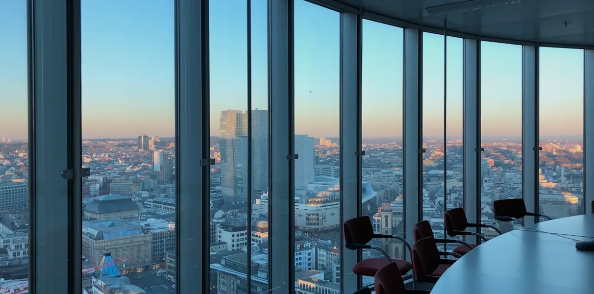 City skyline through floor-to-ceiling windows