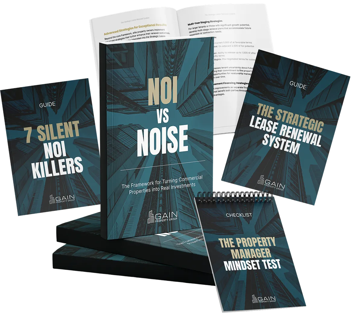 Stack of commercial real estate guides and checklists