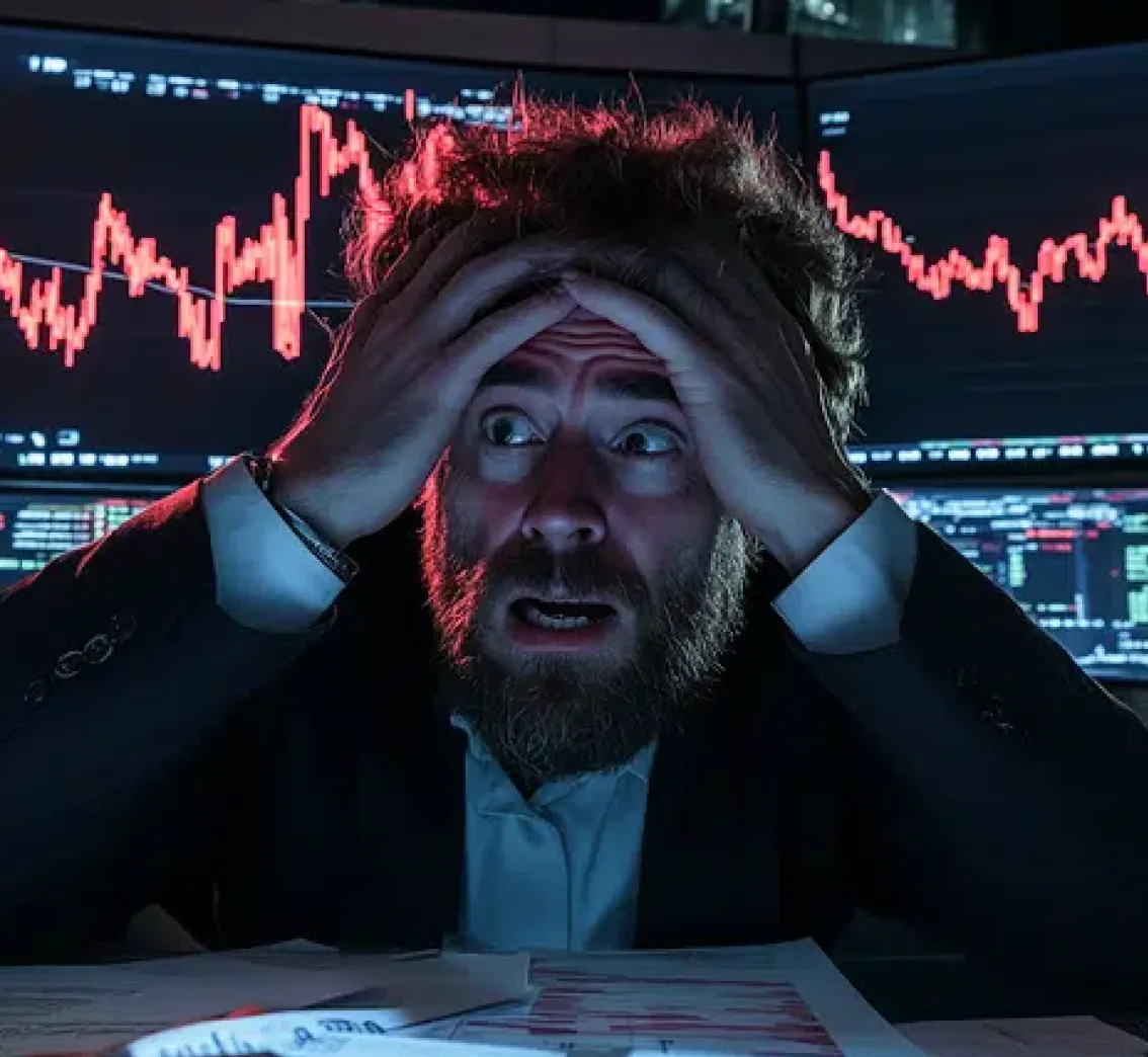 Man stressed in front of crashing stock charts