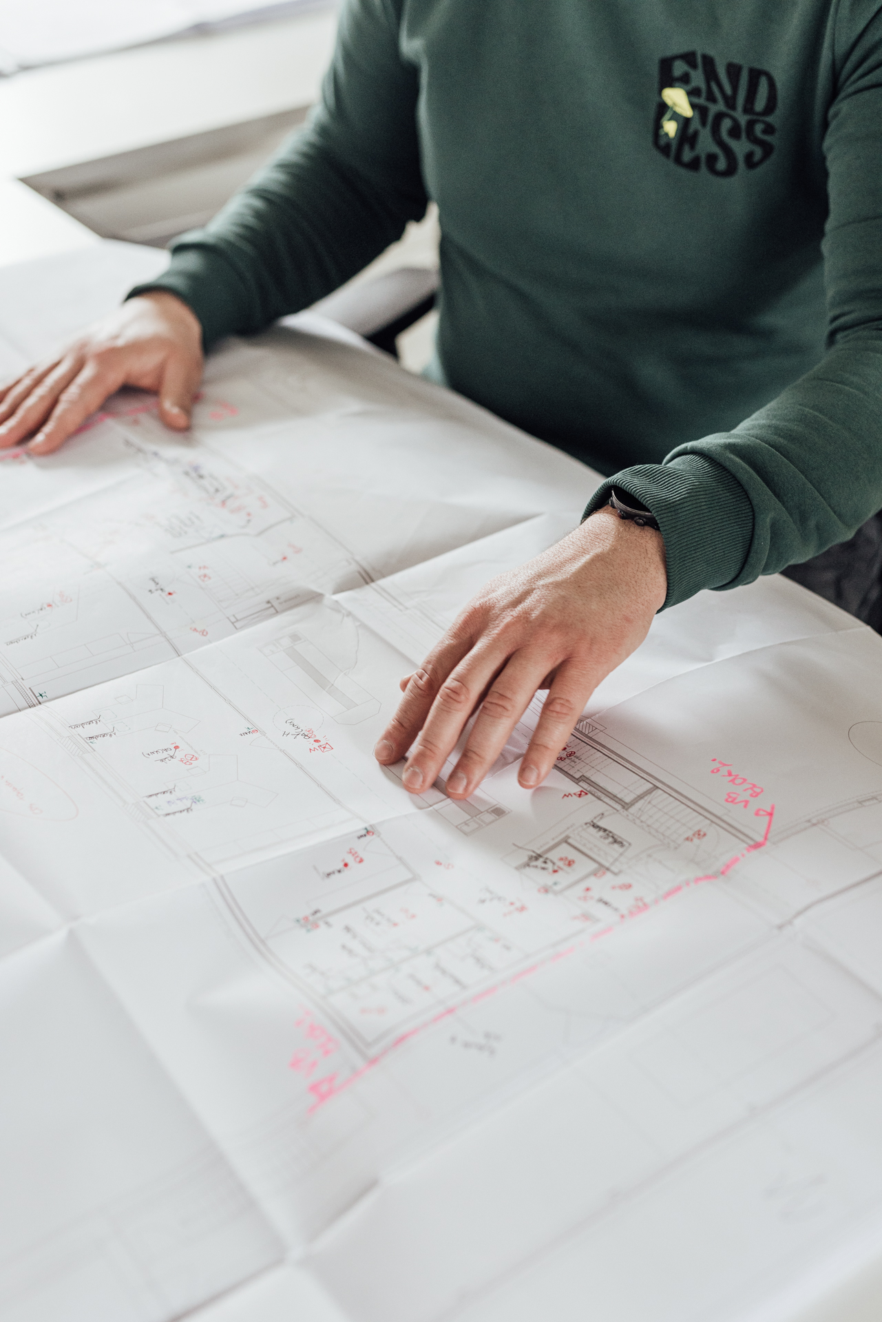 Handen op een technisch plan met aantekeningen