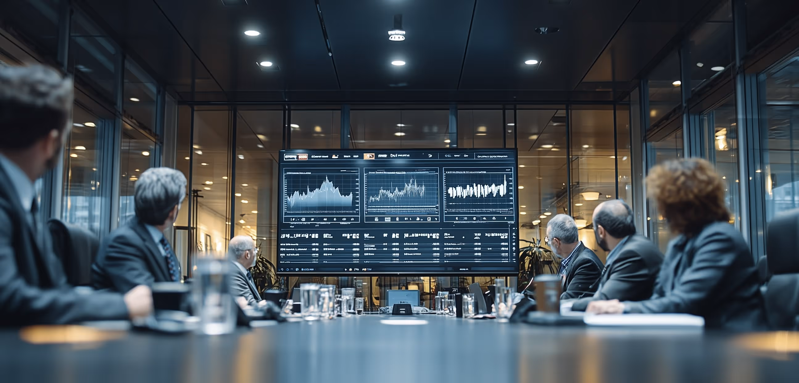 Gruppe von Geschäftsleuten in einem Konferenzraum, die Daten und Diagramme auf einem großen Bildschirm betrachten.