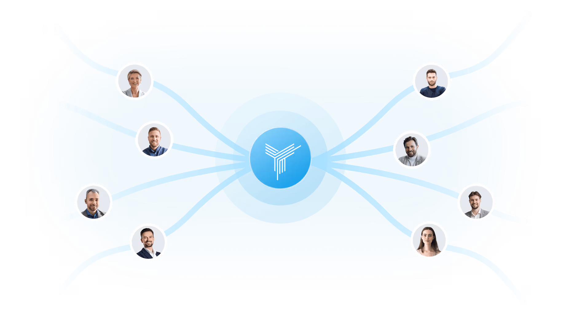 Zentrales blaues Icon mit acht verbundenen Porträtfotos von lächelnden Menschen auf blauem Hintergrund.