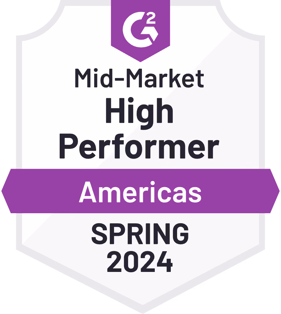 Mid-Market High Performer Americas Spring 2024 badge with G2 logo
