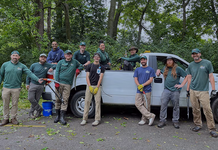 Park maintenance crew posing together with truck in wooded forest setting
