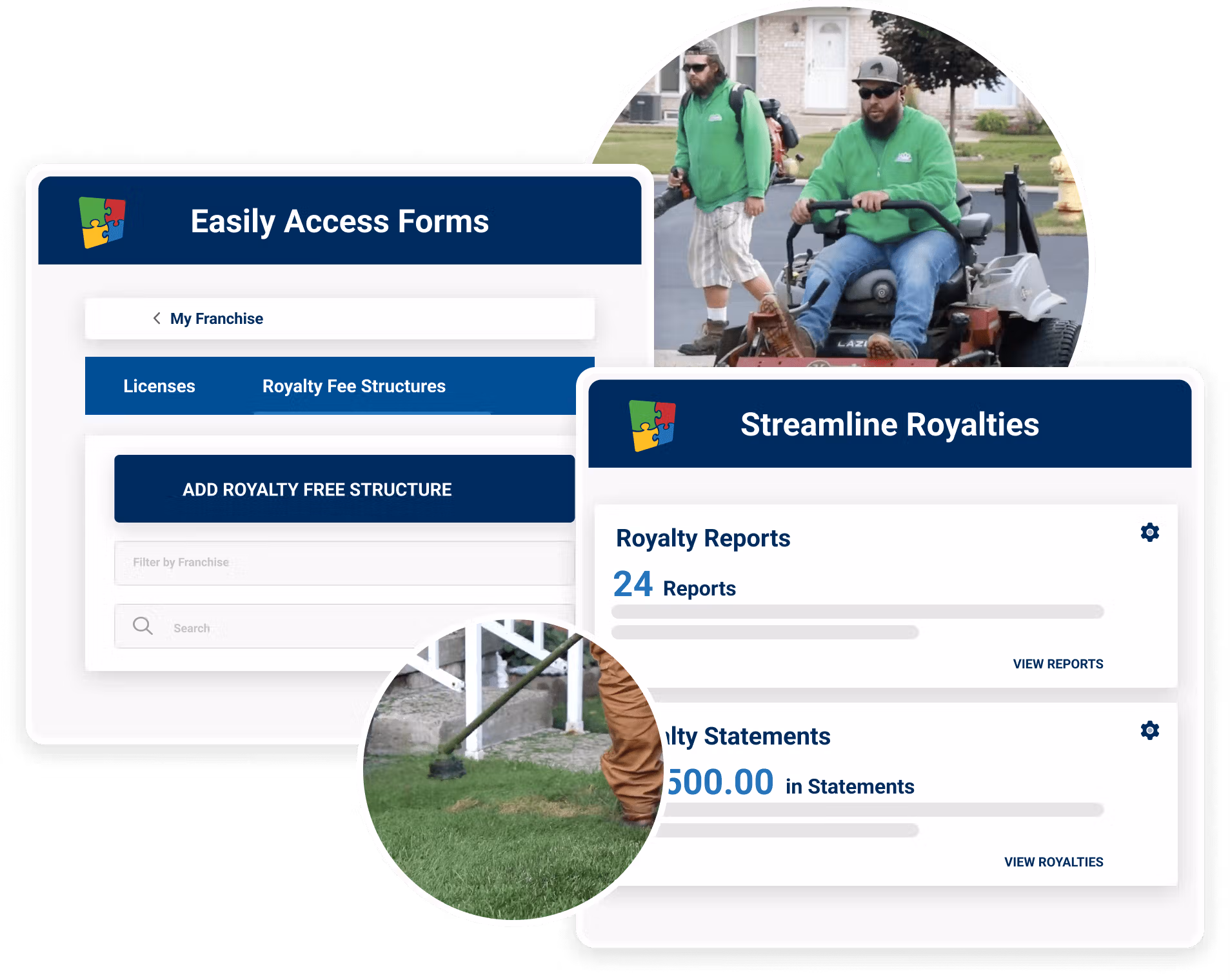 Lawn care workers in green uniforms operating mower and franchise management interface