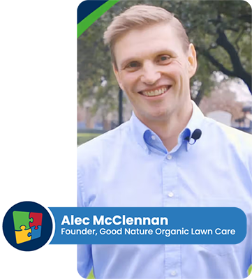 Smiling professional in blue shirt representing organic lawn care business