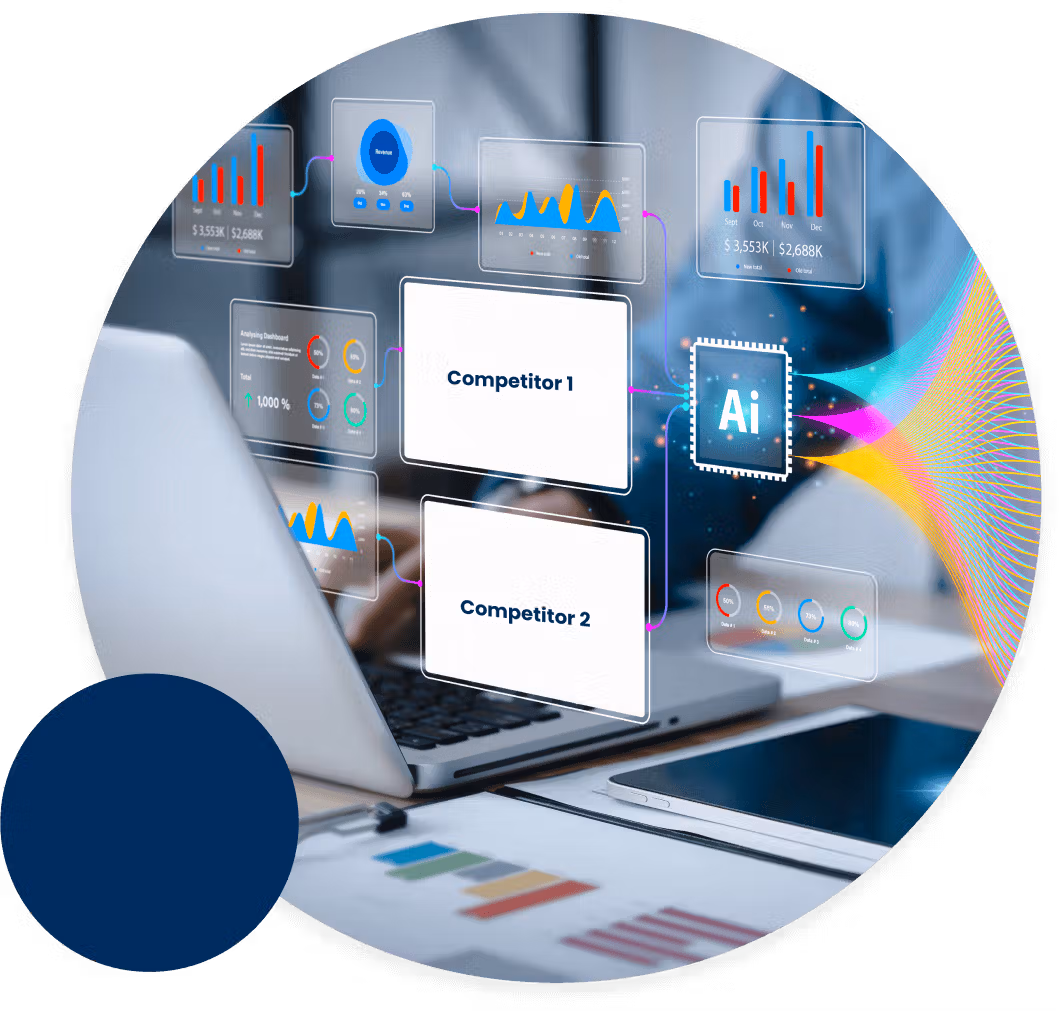 AI-powered competitive analysis dashboard with financial graphs and metrics