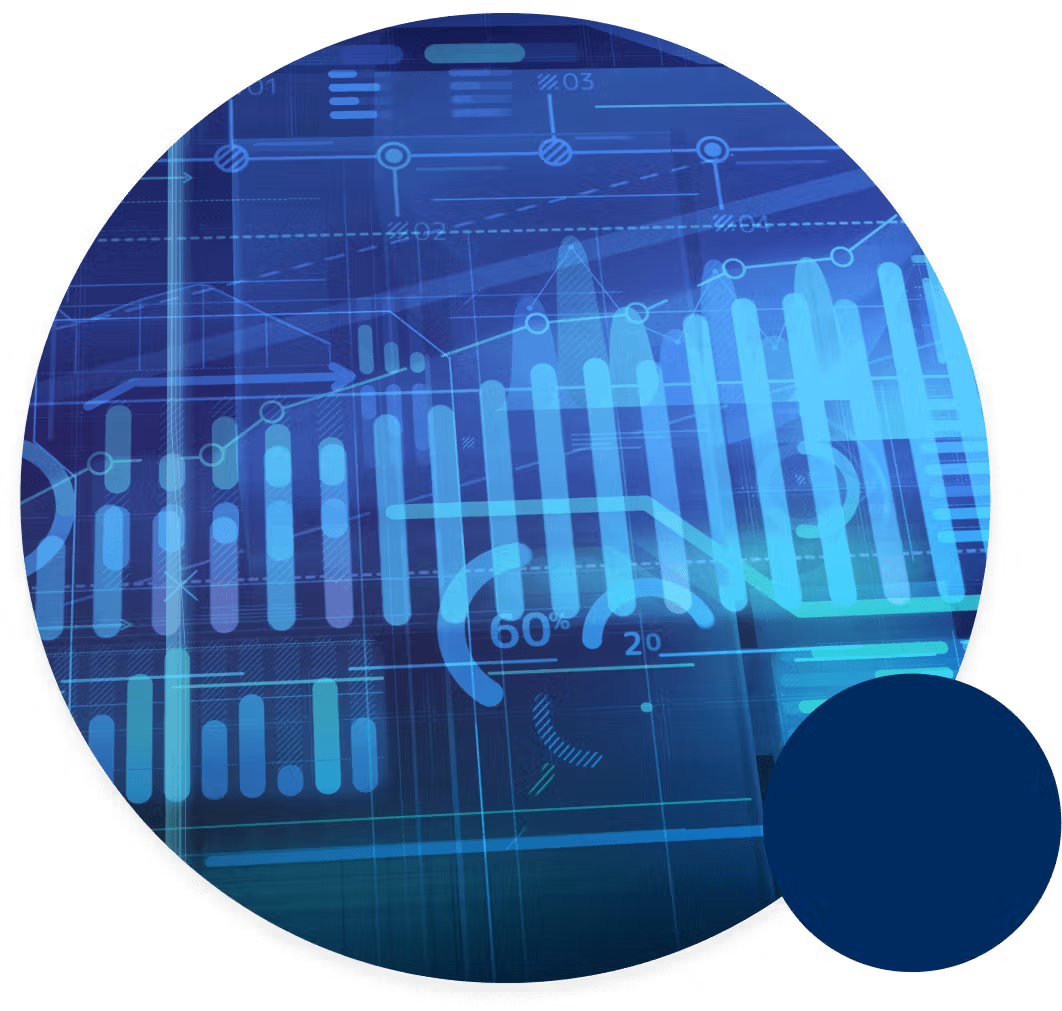 Blue digital dashboard with graphs, data visualization, and percentage metrics