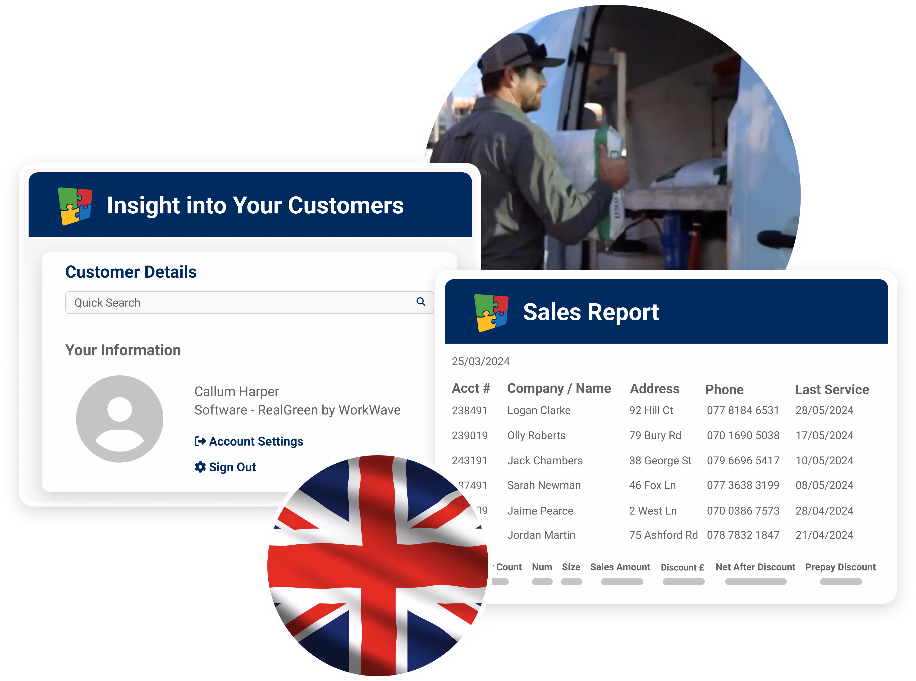 Sales representative working at truck with customer sales report dashboard