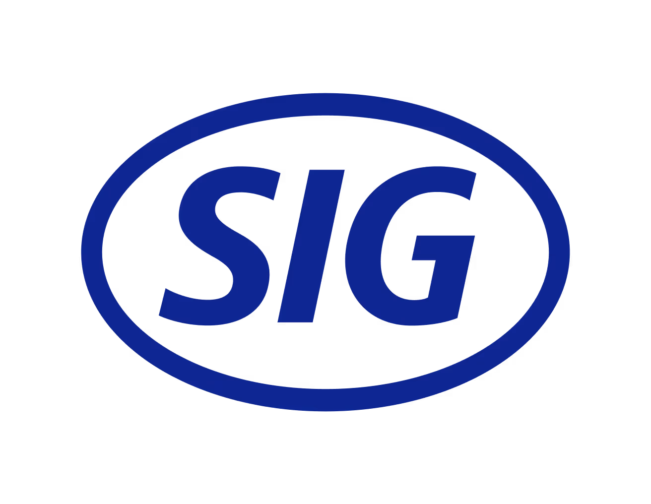 Blue SIG logo with bold letters inside an oval border on a black background.