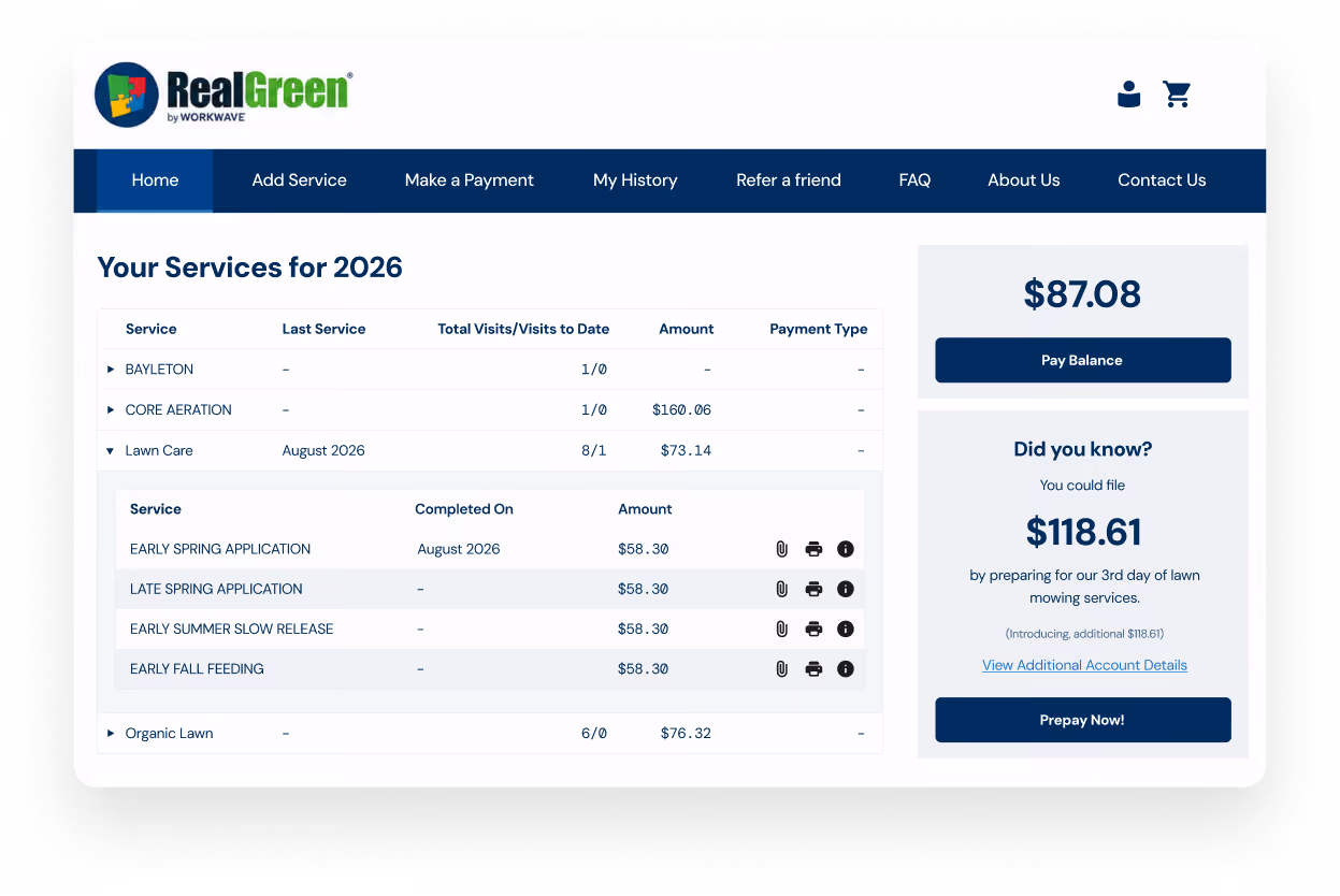 RealGreen customer portal screen