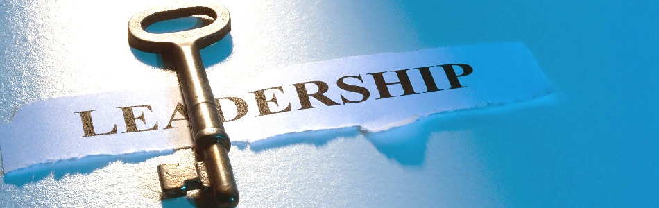 Vintage key on torn paper with "Leadership" text against blue background