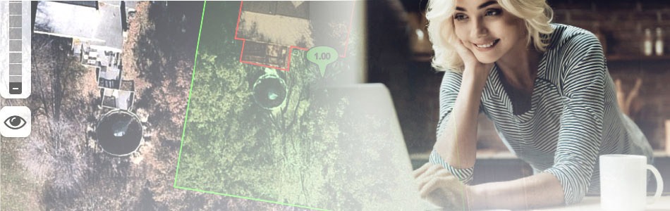 Woman smiling at laptop with aerial map and property boundary overlay