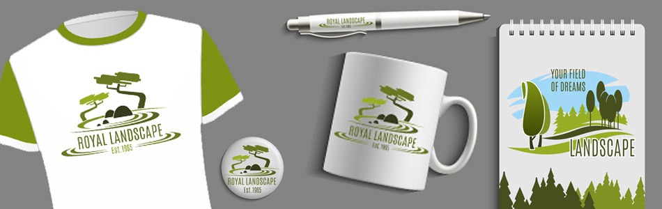 Royal Landscape branded merchandise including t-shirt, mug, pen, and notebook