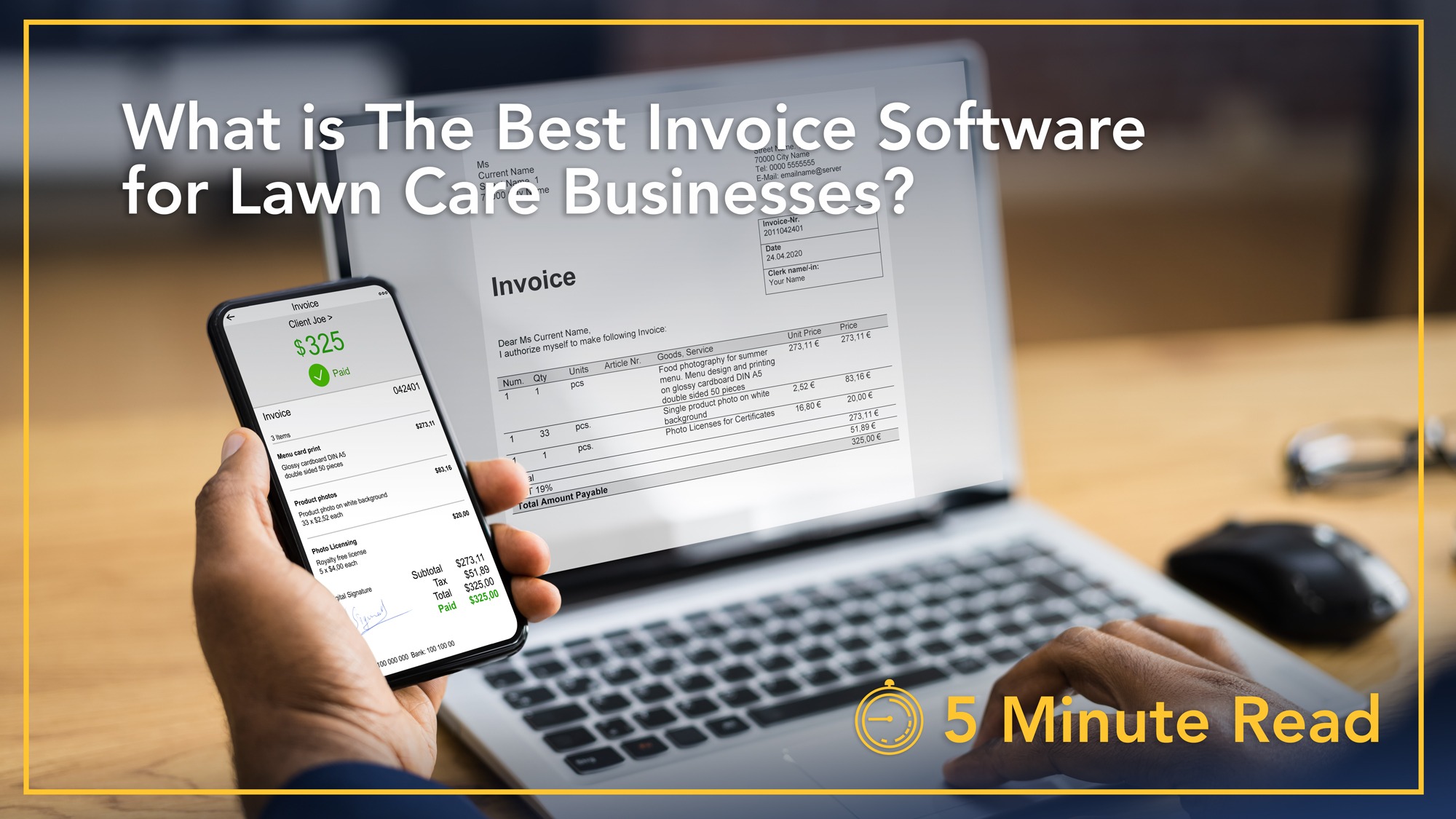 Invoice software on laptop and smartphone for lawn care businesses