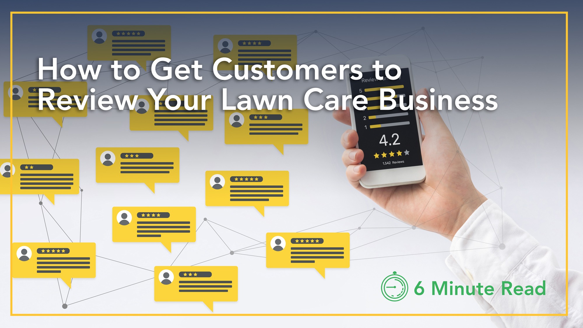 Hand holding phone with customer reviews for lawn care business