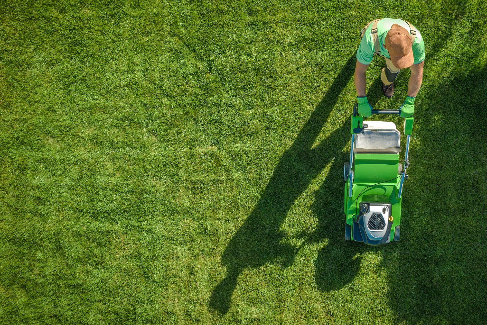Aerial view of person mowing lawn with green lawn mower