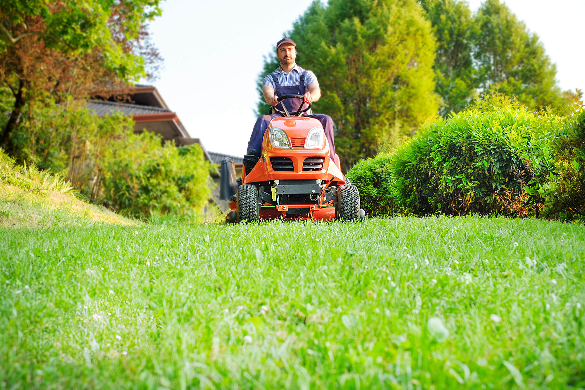 Man riding orange lawn tractor mowing green grass on sunny day