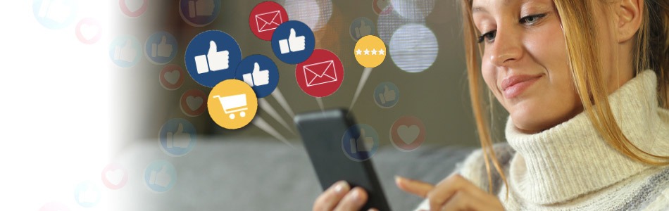 Woman using smartphone surrounded by social media and communication icons