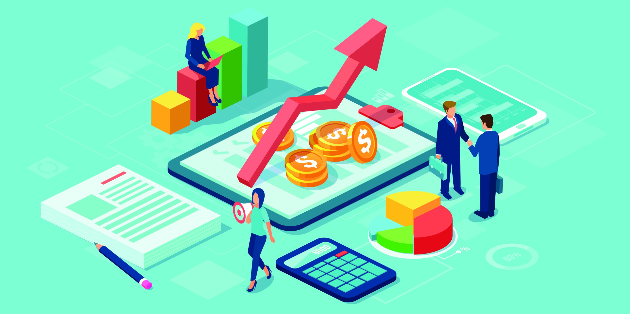 Isometric financial growth scene with business people, coins, and graphs