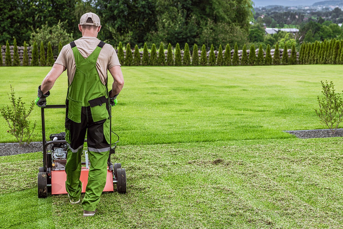 Gardener mowing lawn in green overalls with landscaped backyard background