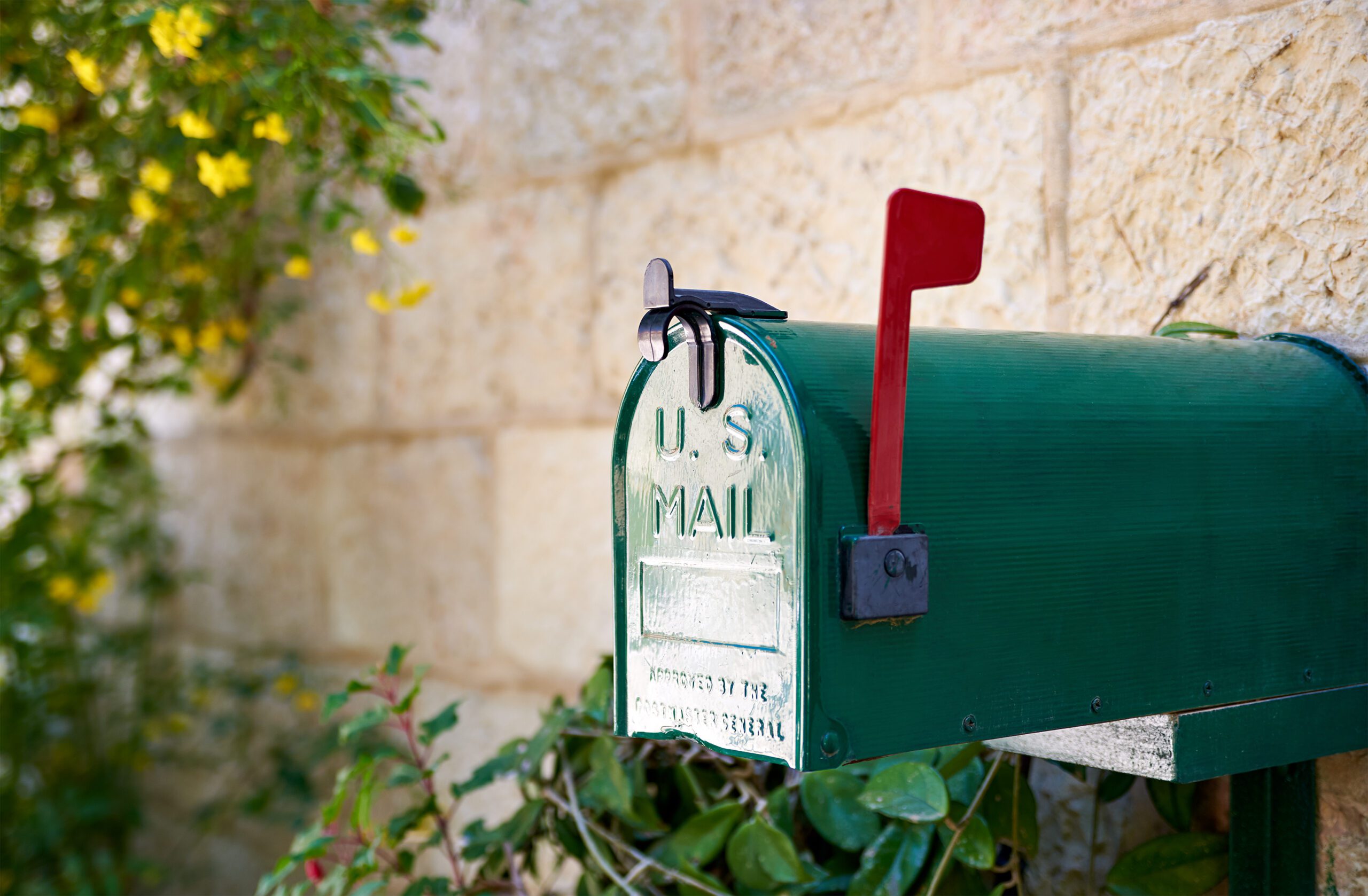 Green US mailbox with red flag against stone wall and yellow flowers