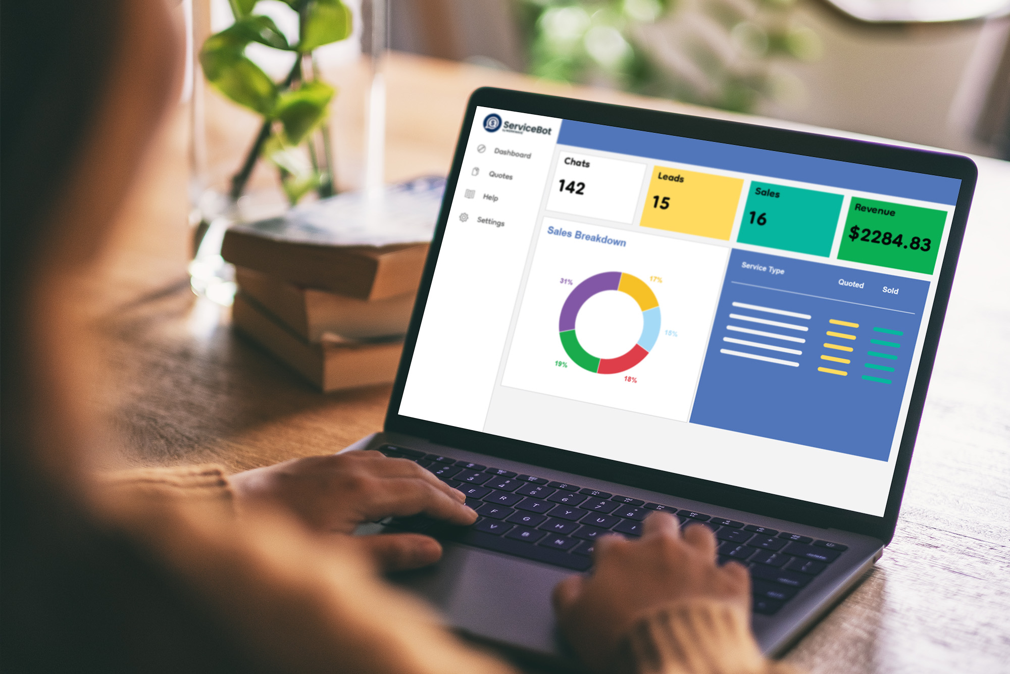 ServiceBot dashboard showing sales, leads, and revenue metrics on laptop