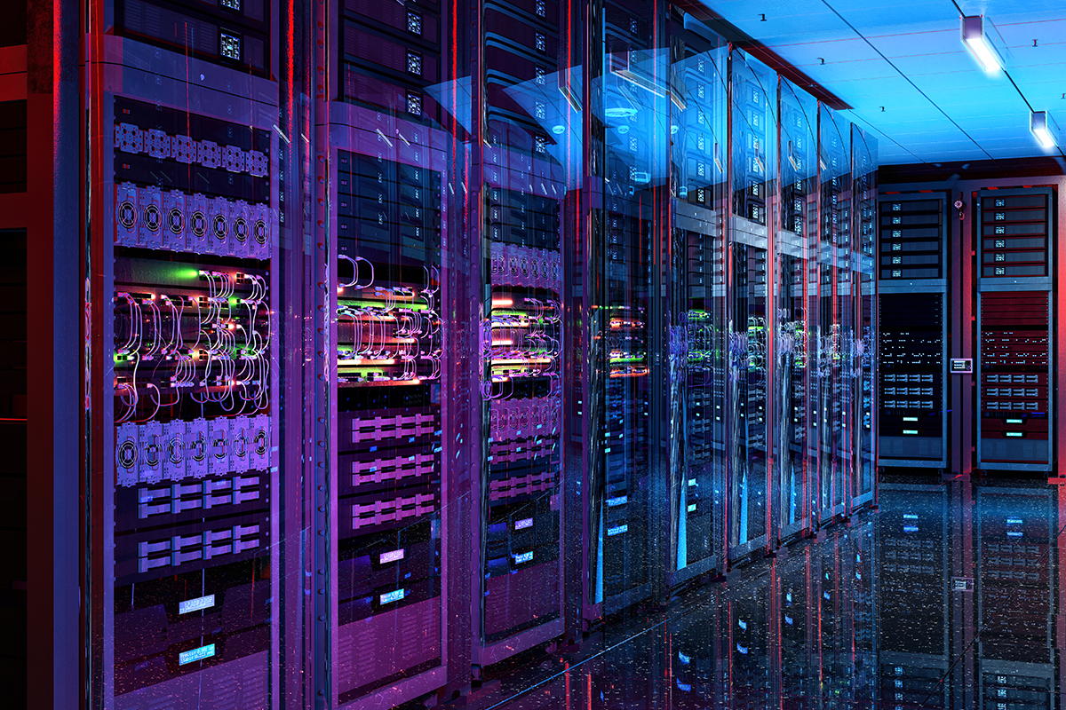 Colorful server room with glowing network cables and data center racks