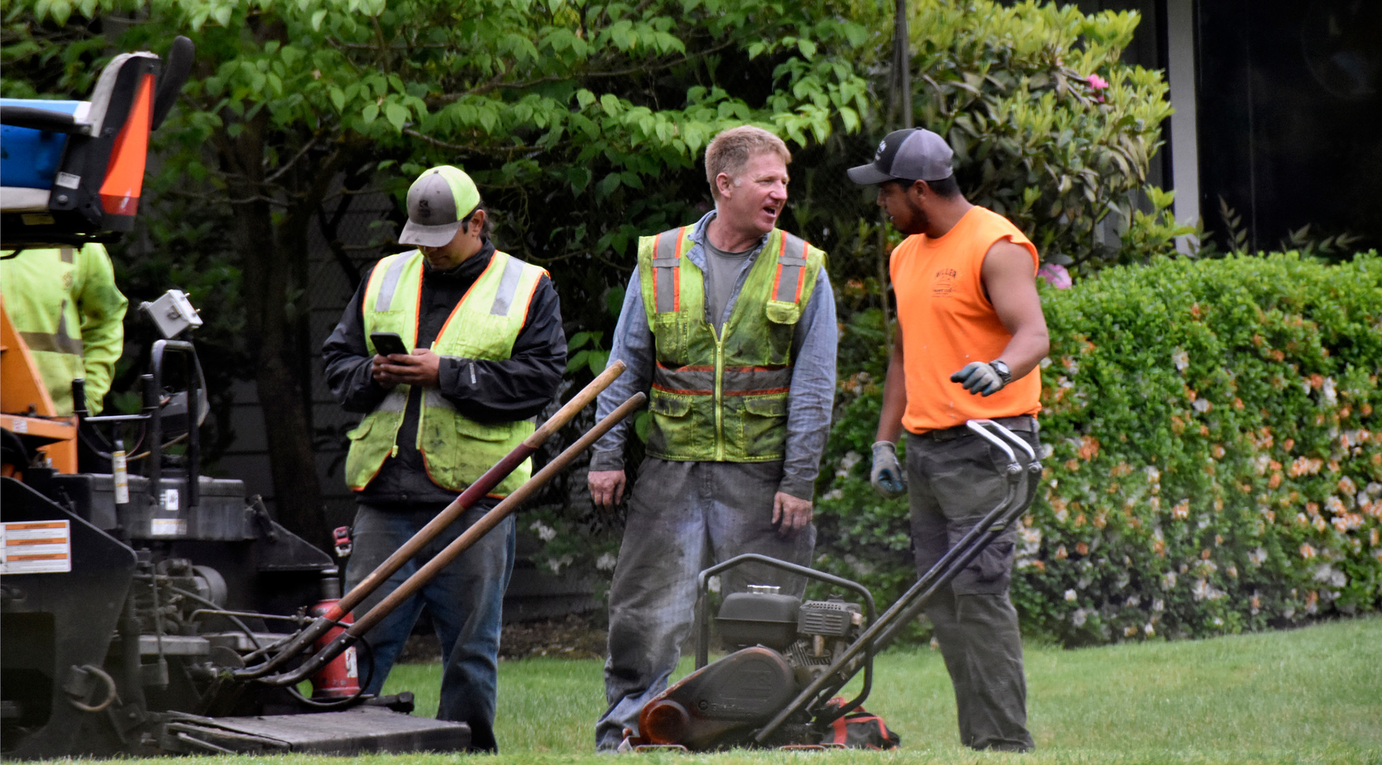 Landscaping crew in safety vests working together on lawn maintenance