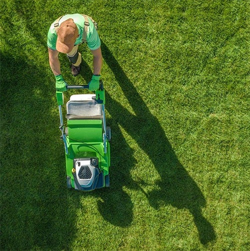 Person mowing lawn with green lawn mower, casting long shadow on grass