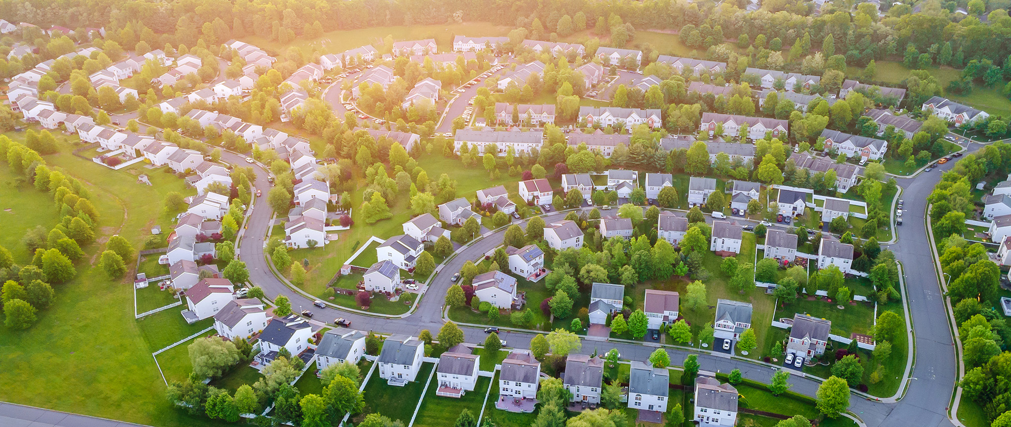 Aerial view of suburban neighborhood with houses and green trees
