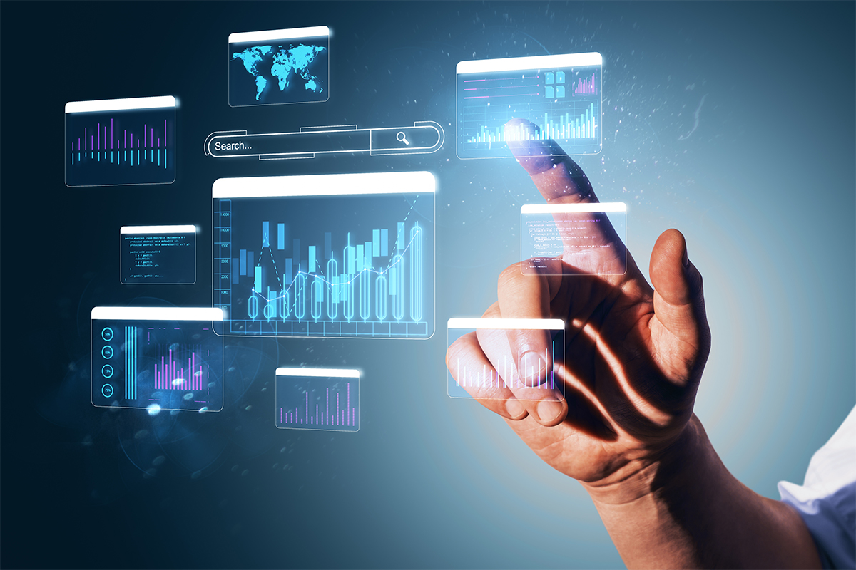Hand interacting with futuristic digital data visualization interface