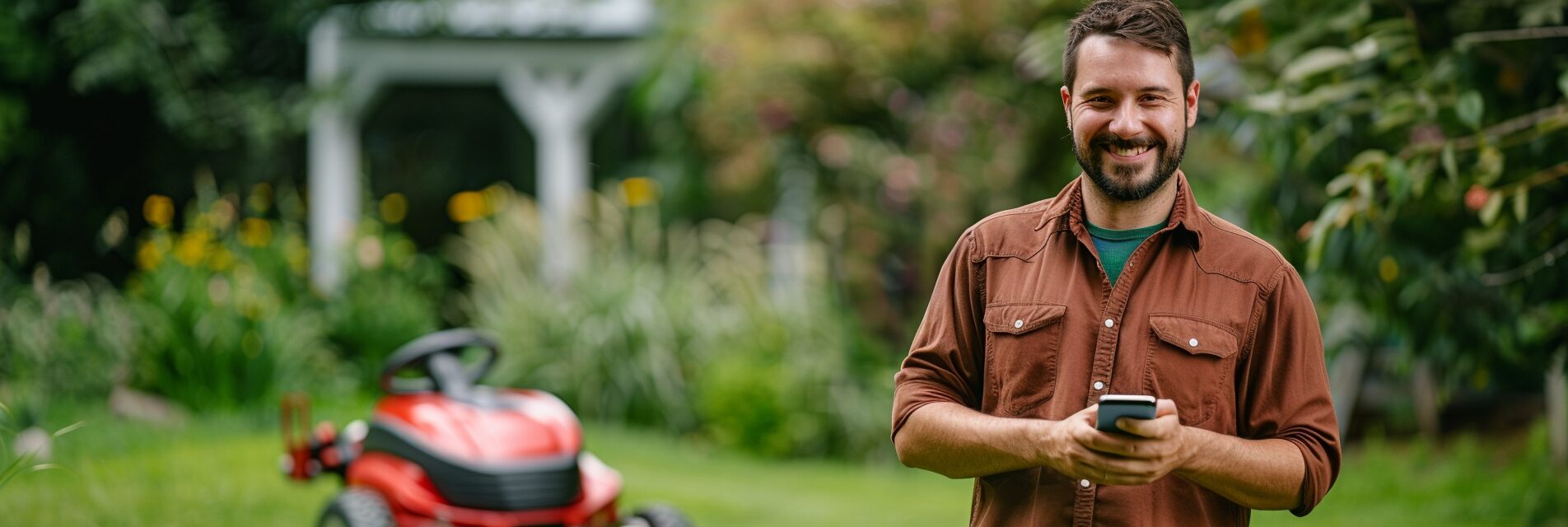 Smiling man with phone standing near red lawnmower in garden
