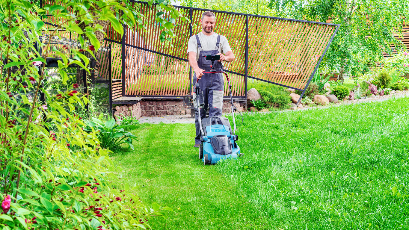 Man mowing green lawn with blue electric lawnmower in backyard garden