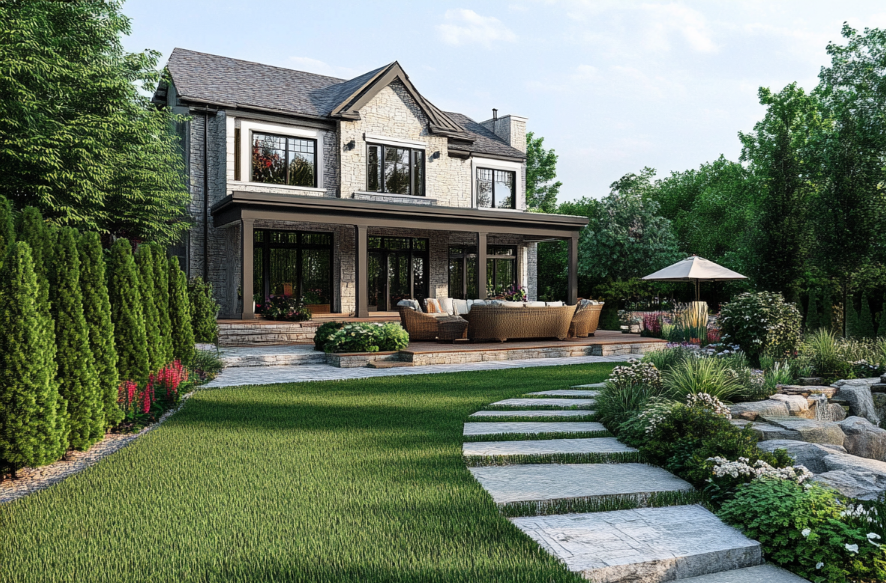 Stone two-story house with landscaped backyard, patio, and stone walkway